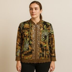 Vintage Sequin Zip Up Brown and Green Zebra Print Cardigan